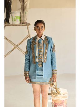 ASHNA VASWANI - Blue Evi Drape -Denim Blazer with Skirt, Shirt and Heavy Work Tie
