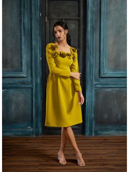 Weaving Cult - Green Neon Rose Square Neck Dress