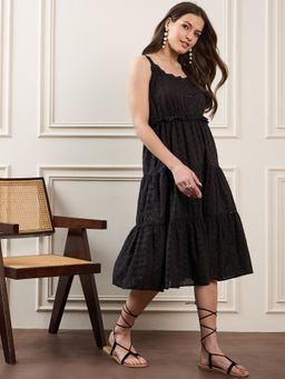 ZUMMER - Black Self Design Flared Midi Dress