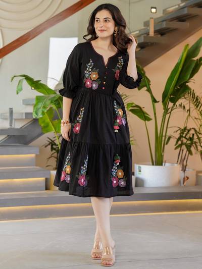 Black Embroidered Flared Midi Dress