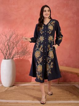 ZUMMER - Blue Embroidered A-Line Midi Dress