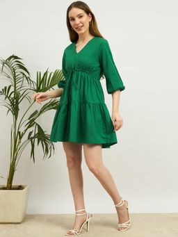 ZUMMER - Green Solid Flared Mini Dress