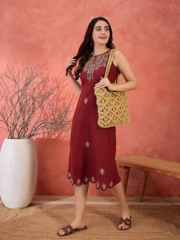 ZUMMER - Maroon Embroidered A-Line Midi Dress