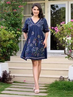 ZUMMER - Navy Blue Embroidered A-Line Knee Length Dress
