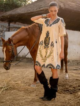 ZUMMER - Off White Embroidered A-Line Knee Length Dress