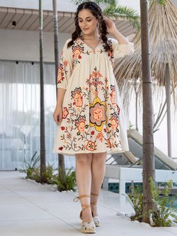 ZUMMER - Off White Embroidered A-Line Knee Length Dress