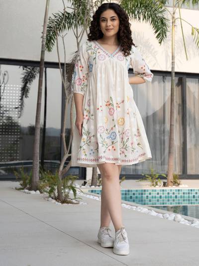 Off White Embroidered A-Line Knee Length Dress