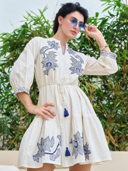 ZUMMER - Off White Embroidered A-Line Mini Dress with Belt