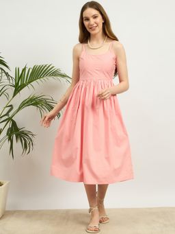 ZUMMER - Pink Solid Flared Midi Dress