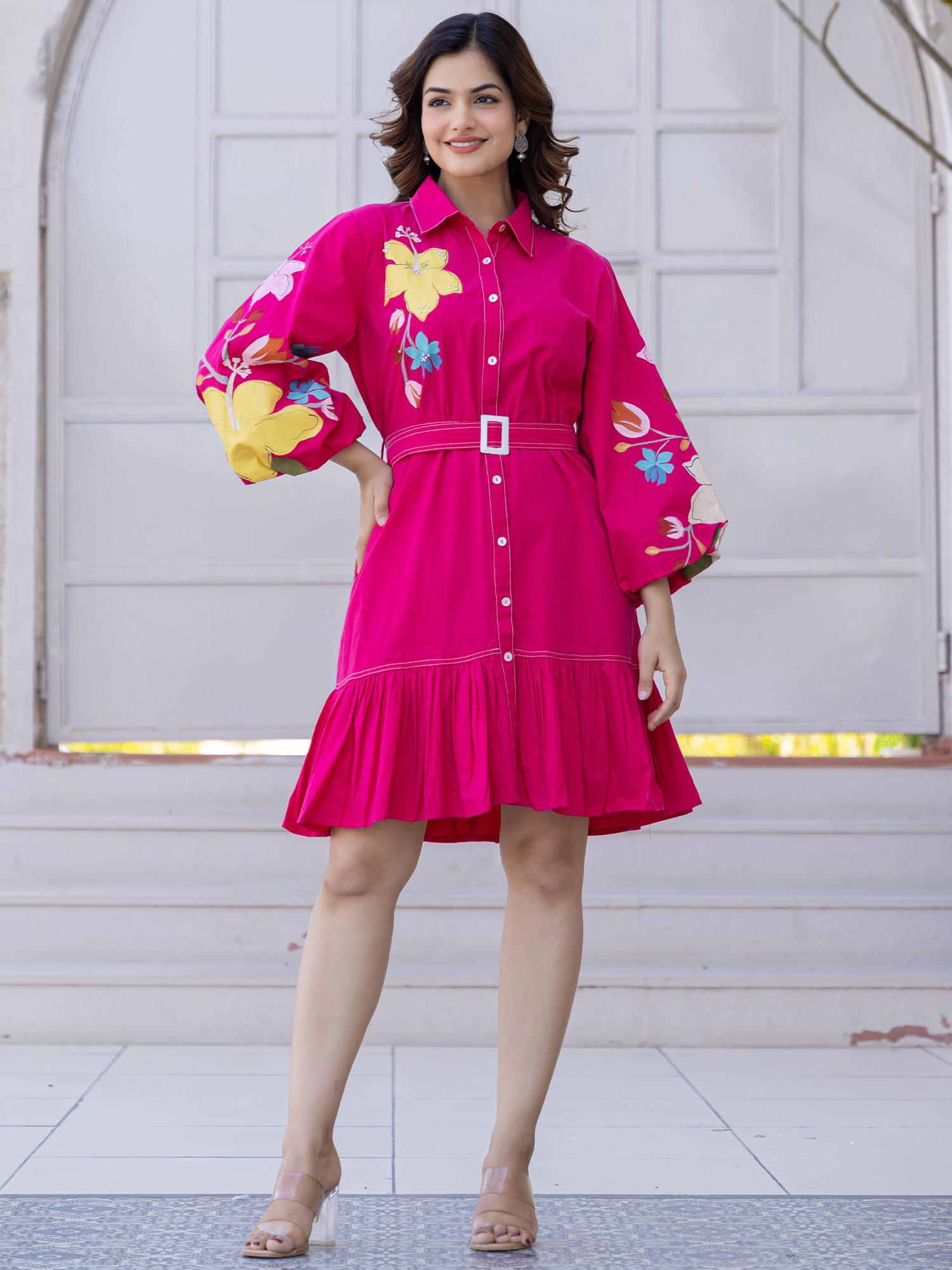 zummer Pink Floral Shirt Mini Dress with Belt-picture-17