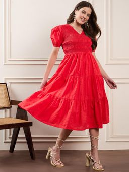 ZUMMER - Red Solid Flared Midi Dress