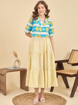 ZUMMER - Yellow Printed Flared Midi Dress with Jacket