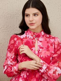 ZUMMER - Pink Printed Flared Midi Dress