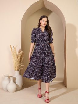 ZUMMER - Navy Blue Printed Flared Midi Dress