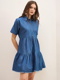 ZUMMER - Blue Solid Shirt Mini Dress