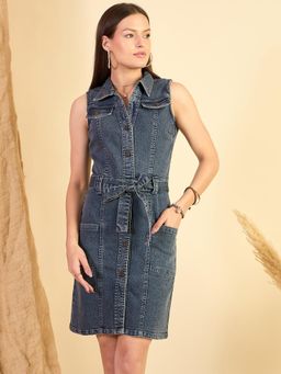 ZUMMER - Blue Solid Shirt Mini Dress with Belt