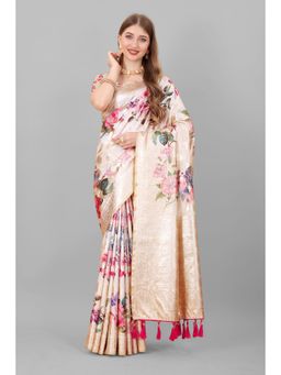 Yavira Silk - Off White Ethnic Printed Silk Saree with Unstitched Blouse