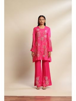 One Not Two - Hot Pink Viscose Silk Kurta & Pant with Floral Embroidery & Sleeve (Set of 2)