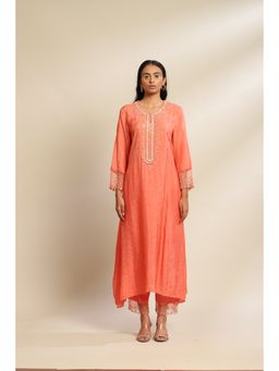 One Not Two - Coral Viscose Silk Kurta & Pant with Sequins & Beads Yoke & Sleeve (Set of 2)