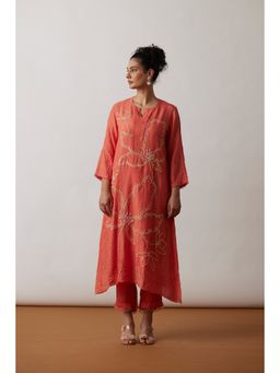 One Not Two - Coral Crushed Silk with Hand Embroidered Kurta & Pant (Set of 2)