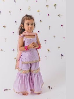 Chotibuti - Lavender Silk Embroidered Kurta with Sharara and Dupatta