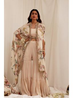 SURKH SYAHI - Beige Madhaniya - Cape with Sharara and Blouse