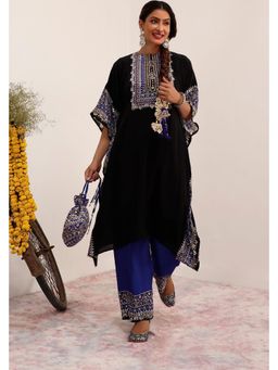 SURKH SYAHI - Blue Salma Sitara - Kaftan And Pant With Slip And Potli Set - Black & Blue