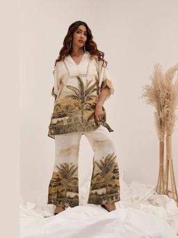 SURKH SYAHI - Off White Vanya Palm - Kaftan with Palazzo and Slip