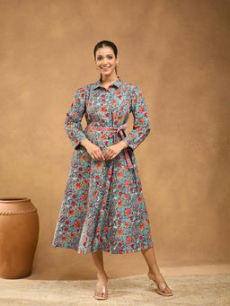 Fabindia - Green Cotton Printed Dress with Belt