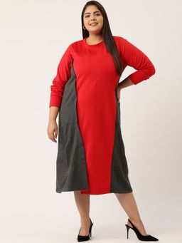 theRebelinme - Plus Size Women Red and Charcoal Color Block A-Line Knitted Dress