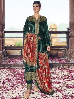 Stylee LIFESTYLE - Green Velvet Embroidered Dress Material