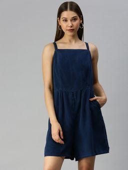 SHOWOFF - Women Shoulder Straps Navy Blue Solid Jumpsuit