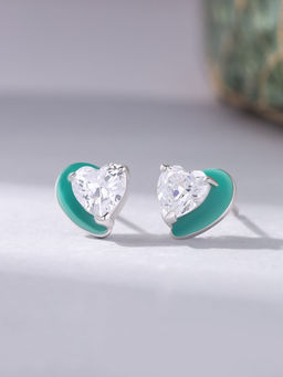 Ornate Jewels - 925 Silver Heart American Diamond Enamel Stud Earring For Women & Girls