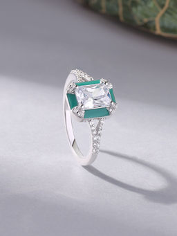 Ornate Jewels - Enamel 925 Silver Octagon American Diamond Vintage Green Ring for Women & Girls