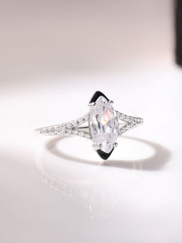 Ornate Jewels - 925 Silver Marquise American Diamond Black Enamel Ring for Women & Girls