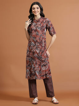 MEENA BAZAAR - Brown Floral Printed Cotton Blend Kurta & Pant