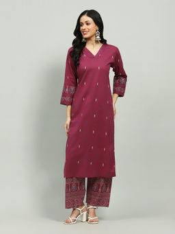 MEENA BAZAAR - Burgundy Printed Cotton Blend Kurta & Pant