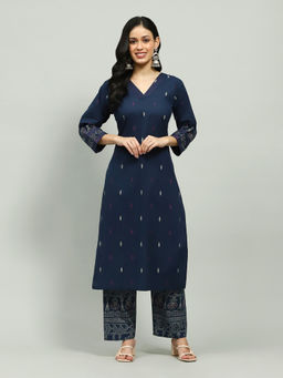 MEENA BAZAAR - Navy Blue Printed Cotton Blend Kurta & Pant