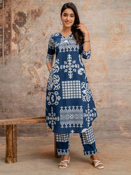 MEENA BAZAAR - Blue Printed Cotton Blend Kurta with Pant