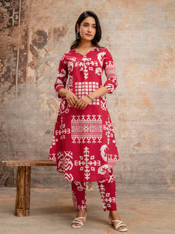 MEENA BAZAAR - Red Printed Cotton Blend Kurta with Pant