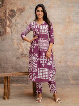 MEENA BAZAAR - Purple Printed Cotton Blend Kurta with Pant