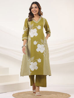 MEENA BAZAAR - Olive Floral Printed Cotton Blend Kurta with Pant