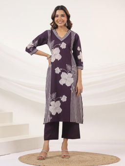 MEENA BAZAAR - Purple Floral Printed Cotton Blend Kurta with Pant