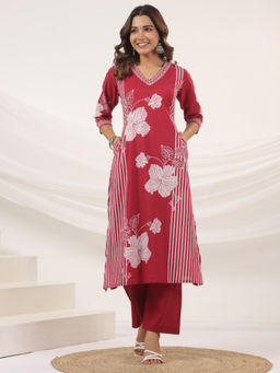 MEENA BAZAAR - Red Floral Printed Cotton Blend Kurta with Pant