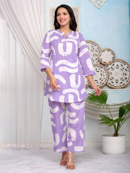 MEENA BAZAAR - Lavender Printed Cotton Blend Kurti with Pant