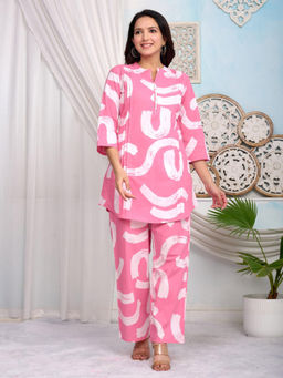 MEENA BAZAAR - Pink Printed Cotton Blend Kurti with Pant