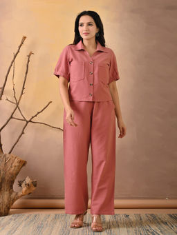 MEENA BAZAAR - Pink Plain Cotton Blend Shirt with Pant