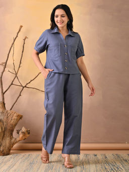 MEENA BAZAAR - Blue Plain Cotton Blend Shirt with Pant