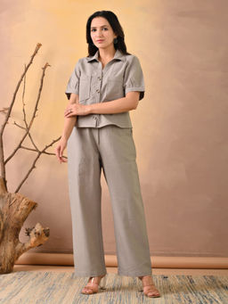 MEENA BAZAAR - Grey Plain Cotton Blend Shirt with Pant