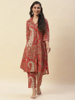 MEENA BAZAAR - Red Printed Cotton Blend Kurta with Pant